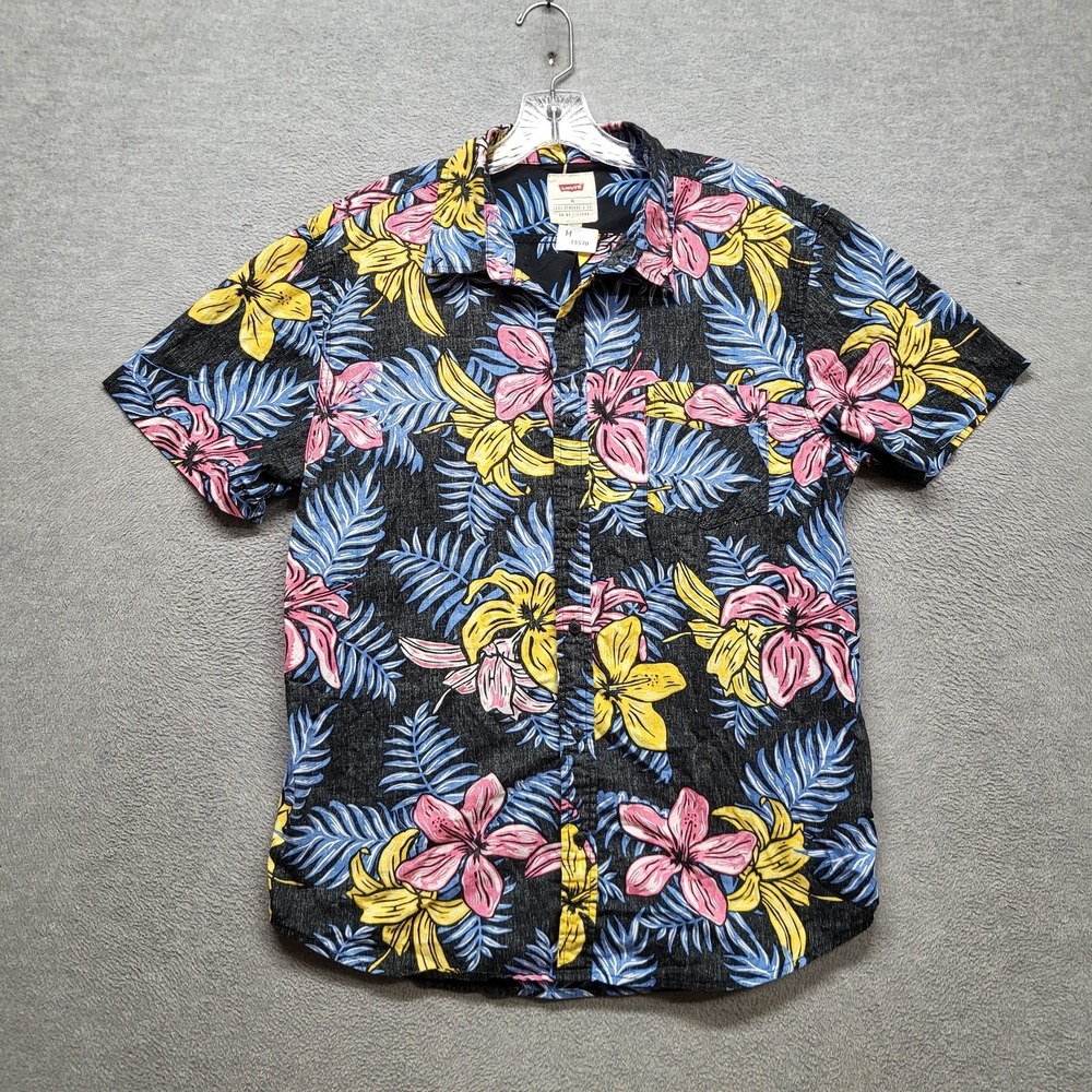 Levi's Men Button Up Shirt XL Black Pink Yellow Blue Floral Hawaiian Shirt